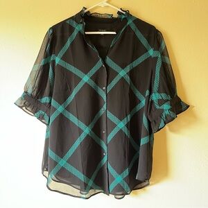 Ann Taylor Black and Mint Checkered Top